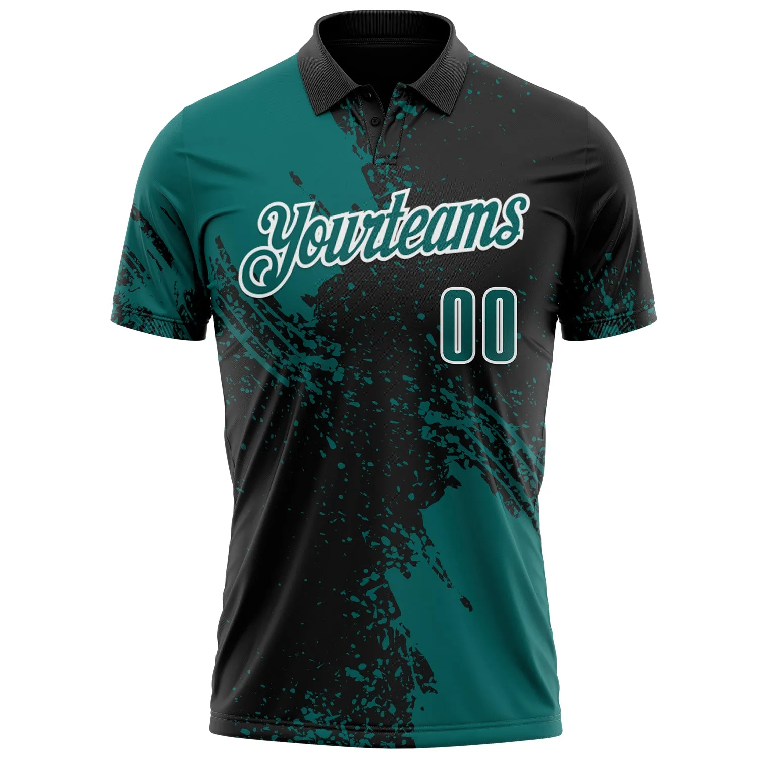 Custom Teal Black-White 3D Pattern Design Abstract Brush Stroke Performance Polo Shirt