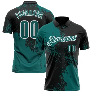 Custom Teal Black-White 3D Pattern Design Abstract Brush Stroke Performance Polo Shirt