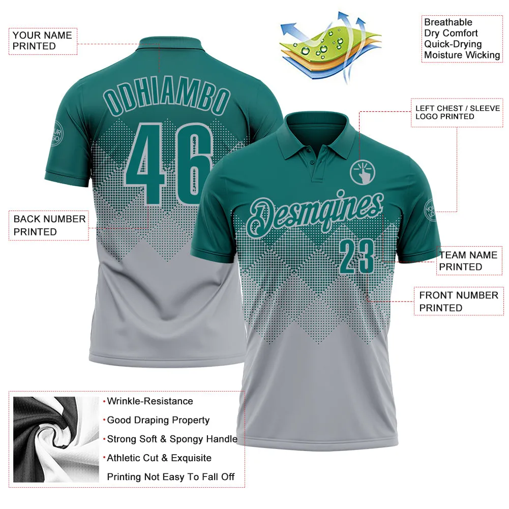 Custom Teal Gray 3D Gradient Square Shape Performance Polo Shirt