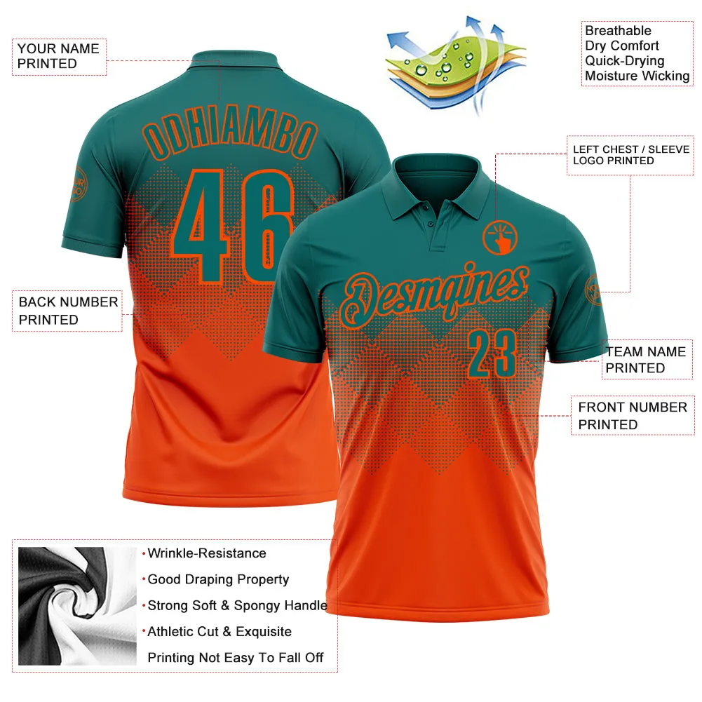 Custom Teal Orange 3D Gradient Square Shape Performance Polo Shirt