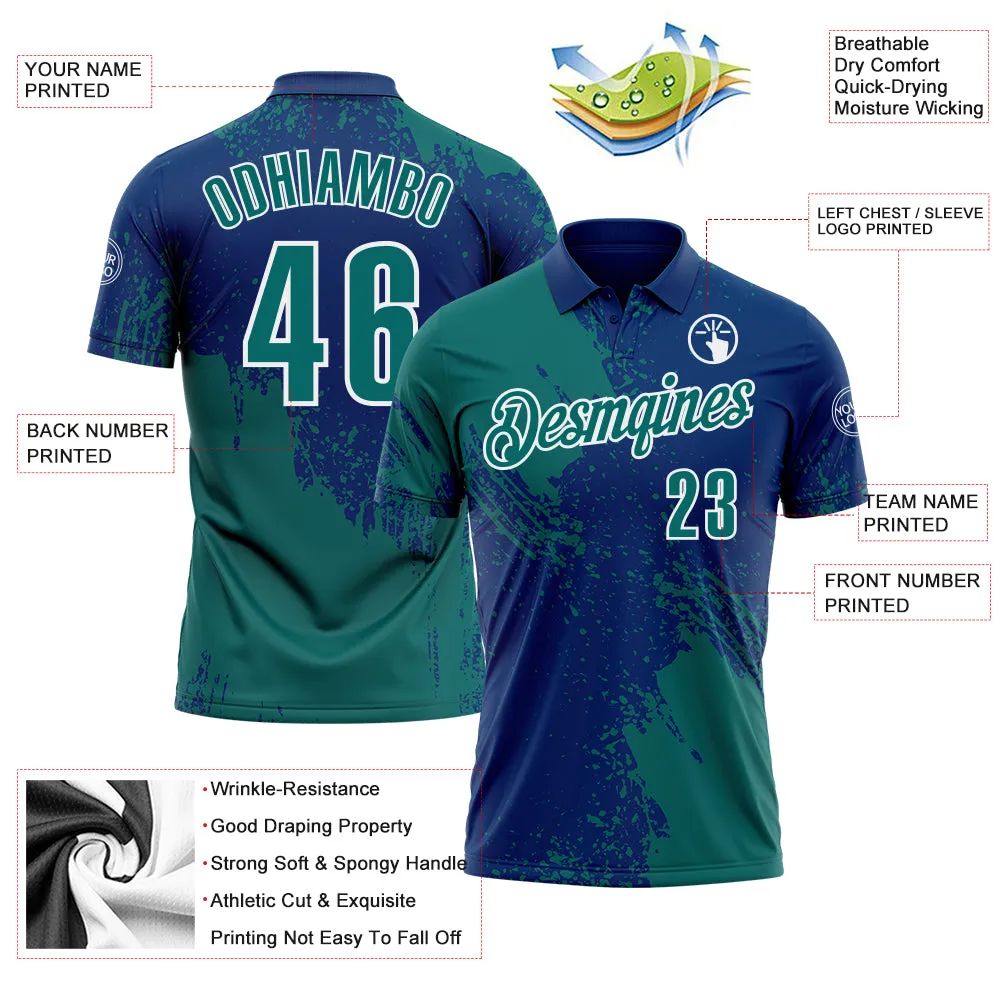 Custom Teal US Navy Blue-White 3D Pattern Design Abstract Brush Stroke Performance Polo Shirt