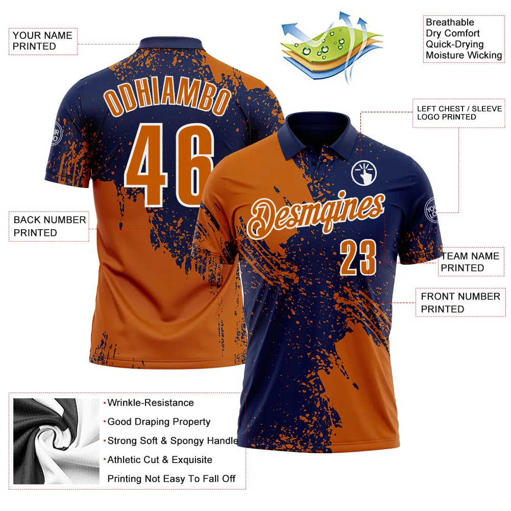 Custom Texas Orange Navy-White 3D Pattern Design Abstract Brush Stroke Performance Polo Shirt