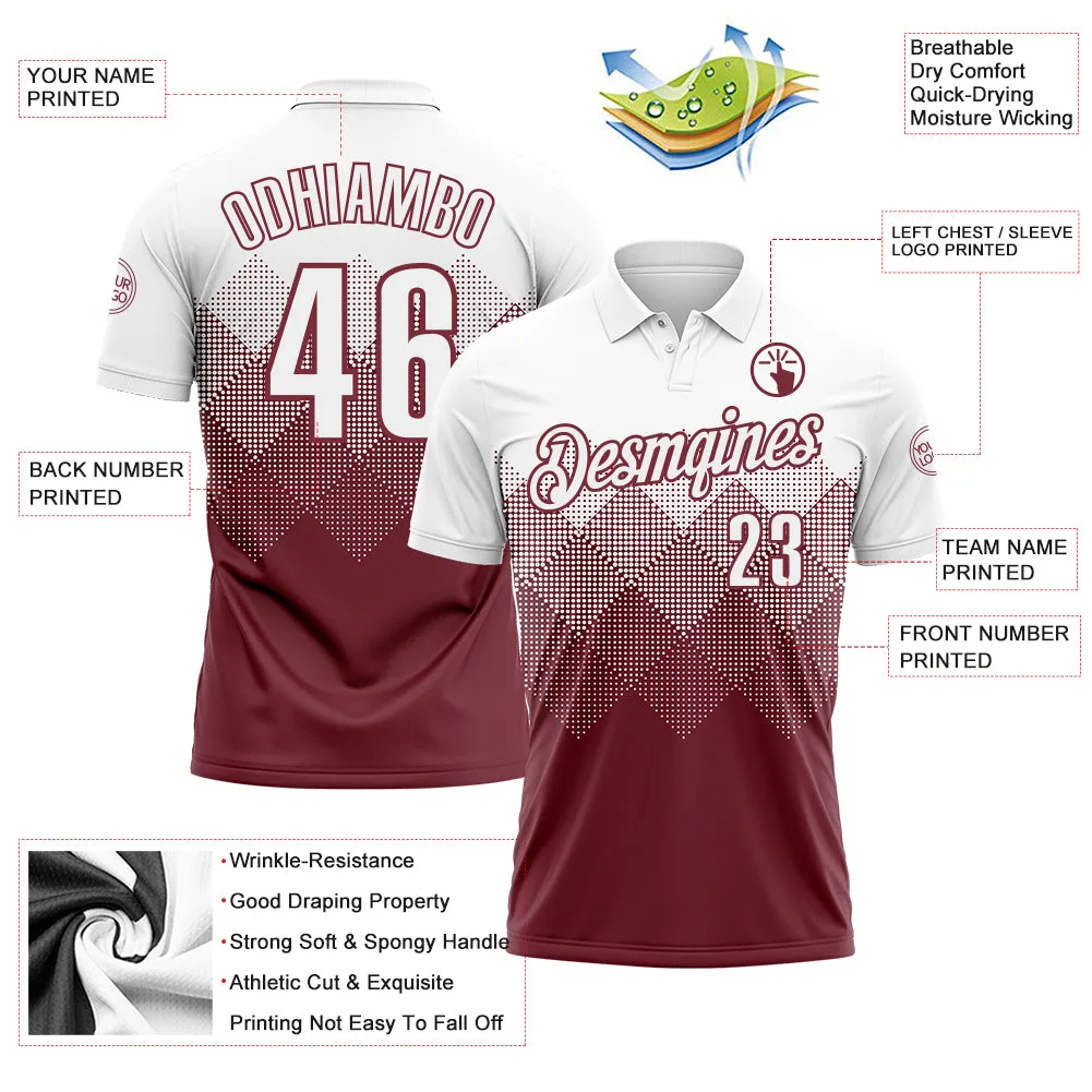 Custom White Burgundy 3D Gradient Square Shape Performance Polo Shirt