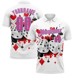 Custom White Pink-Light Blue 3D Gambling Poker And Dice Performance Polo Shirt