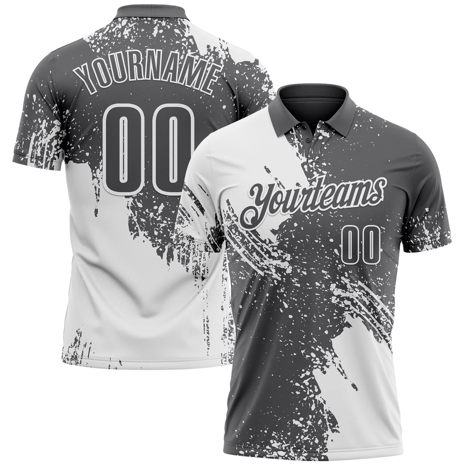 Custom White Steel Gray 3D Pattern Design Abstract Brush Stroke Performance Polo Shirt