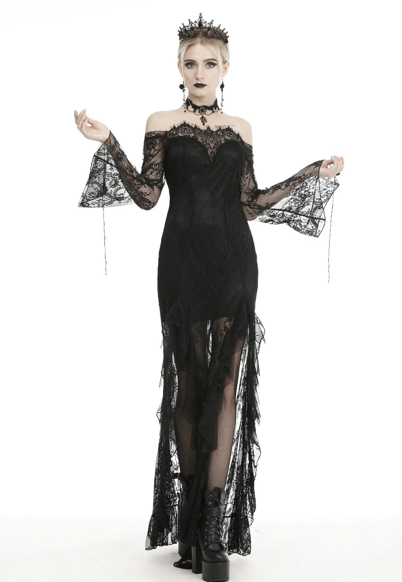 Dark in Love - Gothic Black Lace Frill Swallow Tail Mermaid - Dress