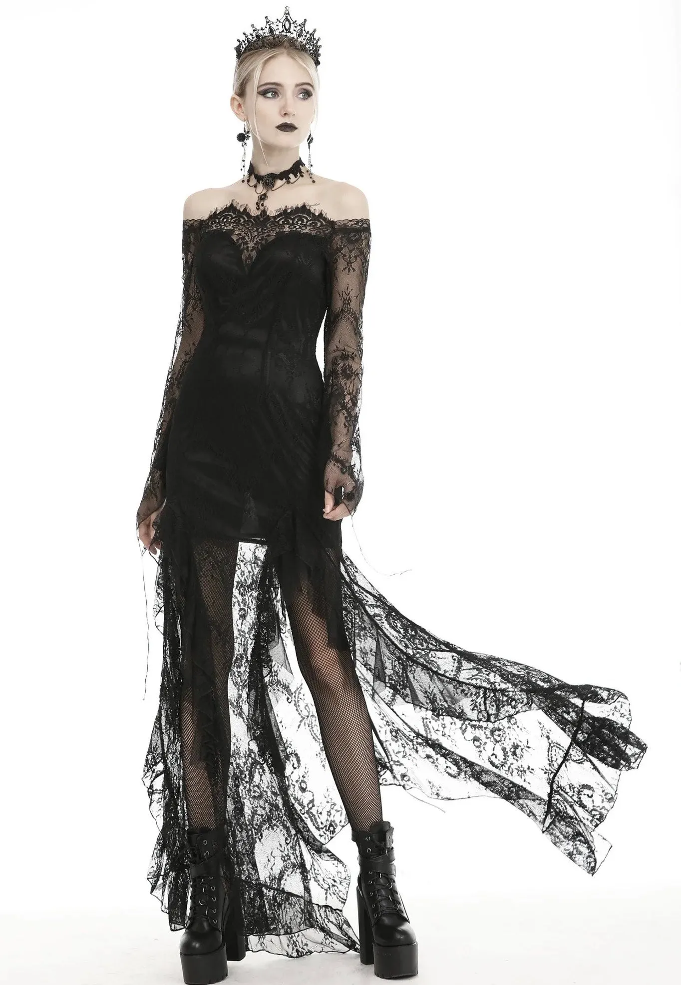 Dark in Love - Gothic Black Lace Frill Swallow Tail Mermaid - Dress