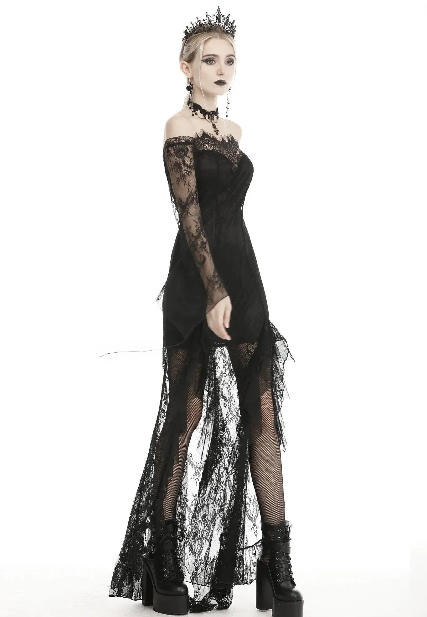 Dark in Love - Gothic Black Lace Frill Swallow Tail Mermaid - Dress