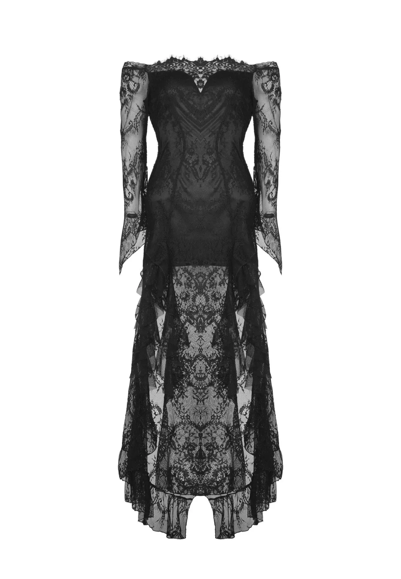 Dark in Love - Gothic Black Lace Frill Swallow Tail Mermaid - Dress