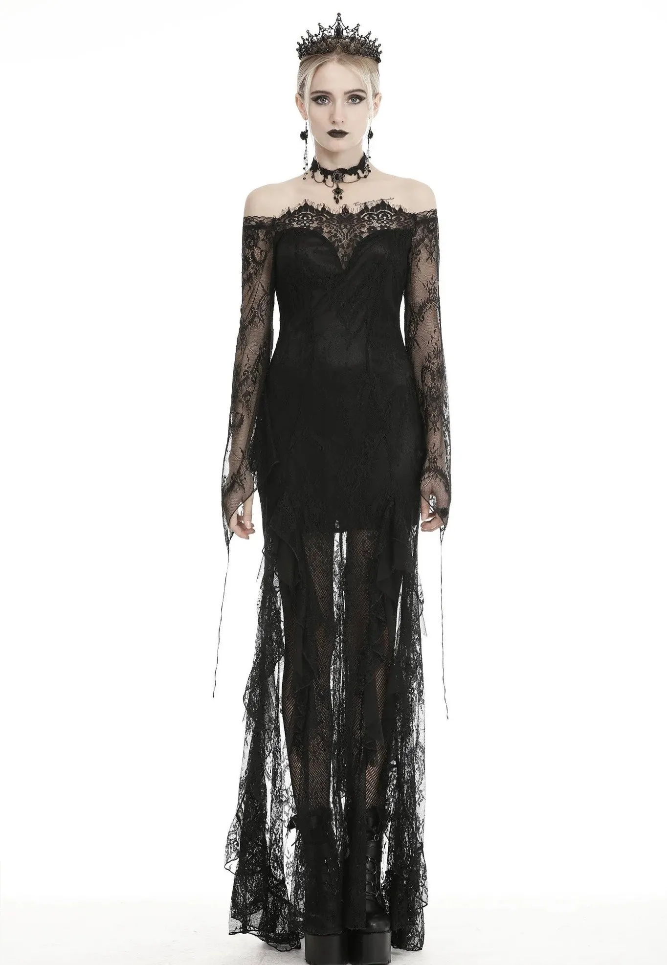Dark in Love - Gothic Black Lace Frill Swallow Tail Mermaid - Dress