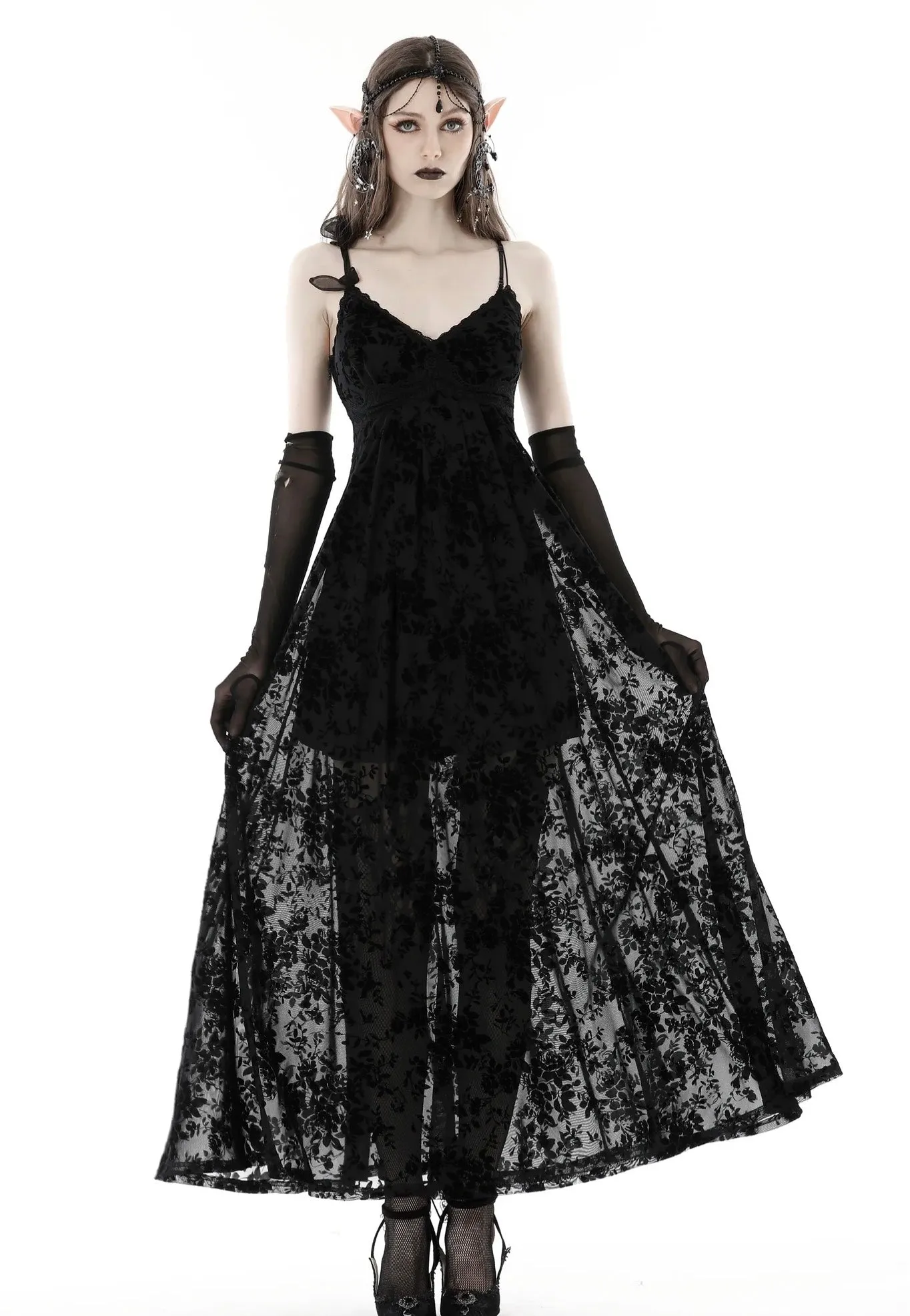 Dark In Love - Gothic Rose Flocking Maxi Strap Black - Dress
