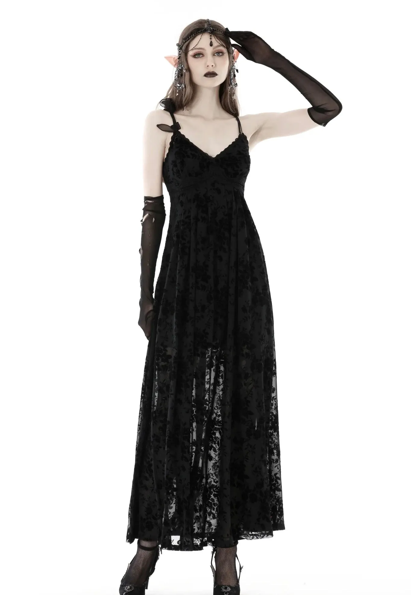 Dark In Love - Gothic Rose Flocking Maxi Strap Black - Dress