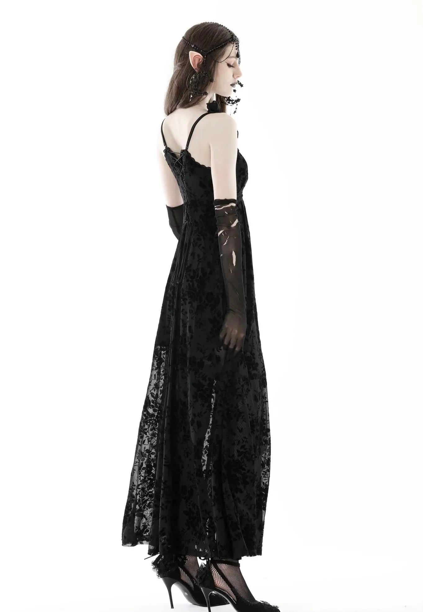 Dark In Love - Gothic Rose Flocking Maxi Strap Black - Dress