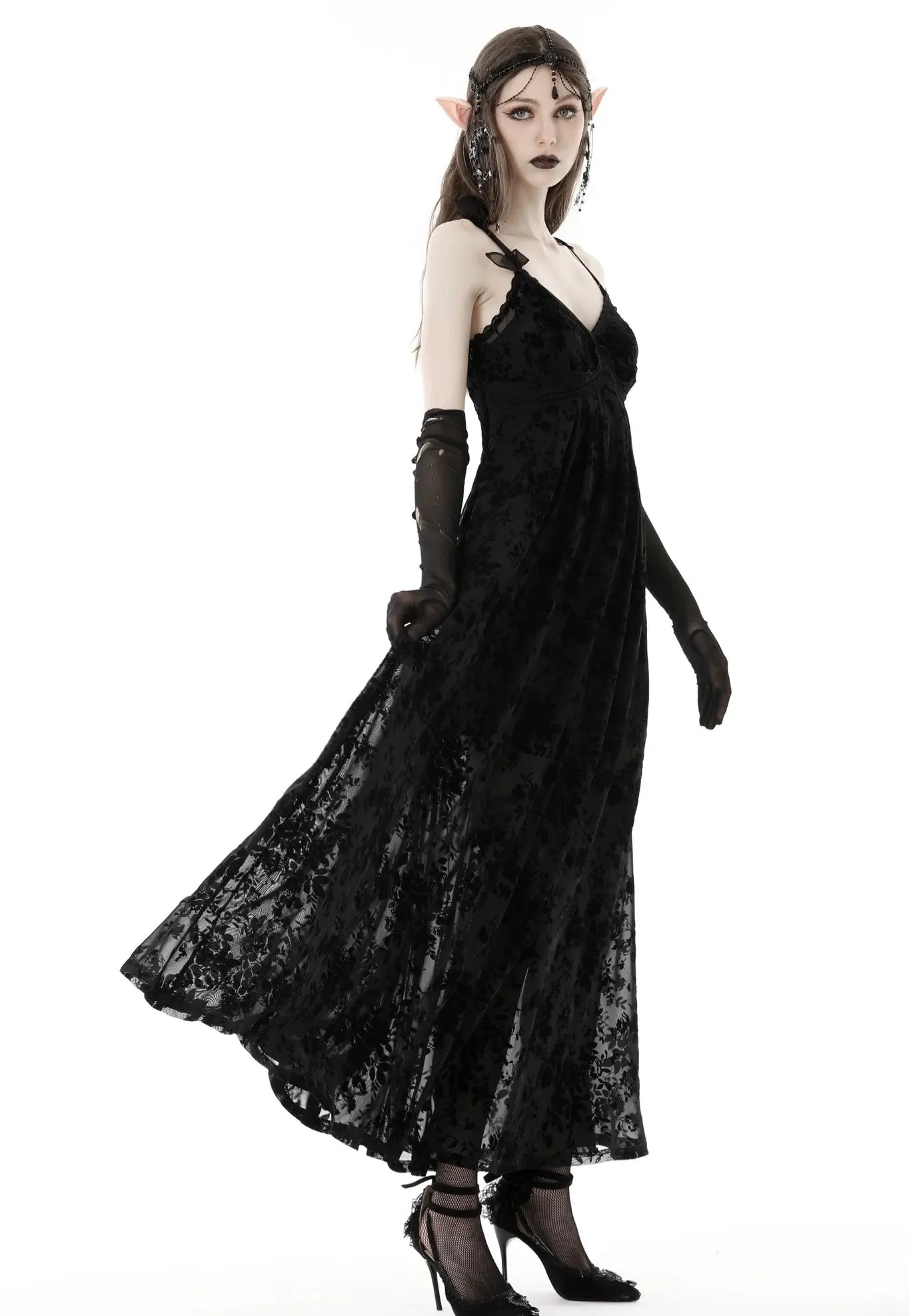 Dark In Love - Gothic Rose Flocking Maxi Strap Black - Dress