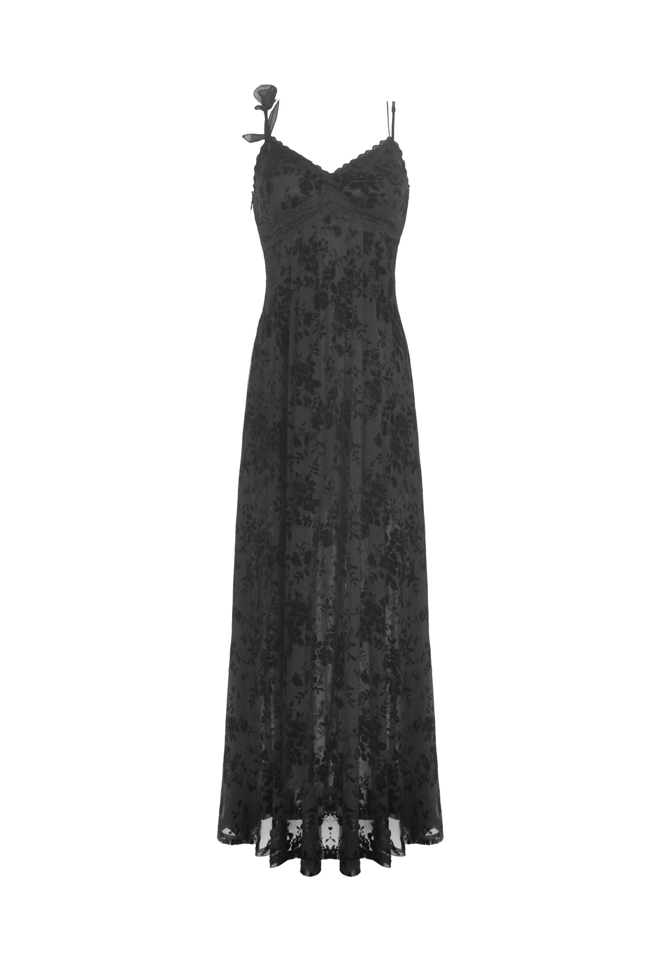 Dark In Love - Gothic Rose Flocking Maxi Strap Black - Dress