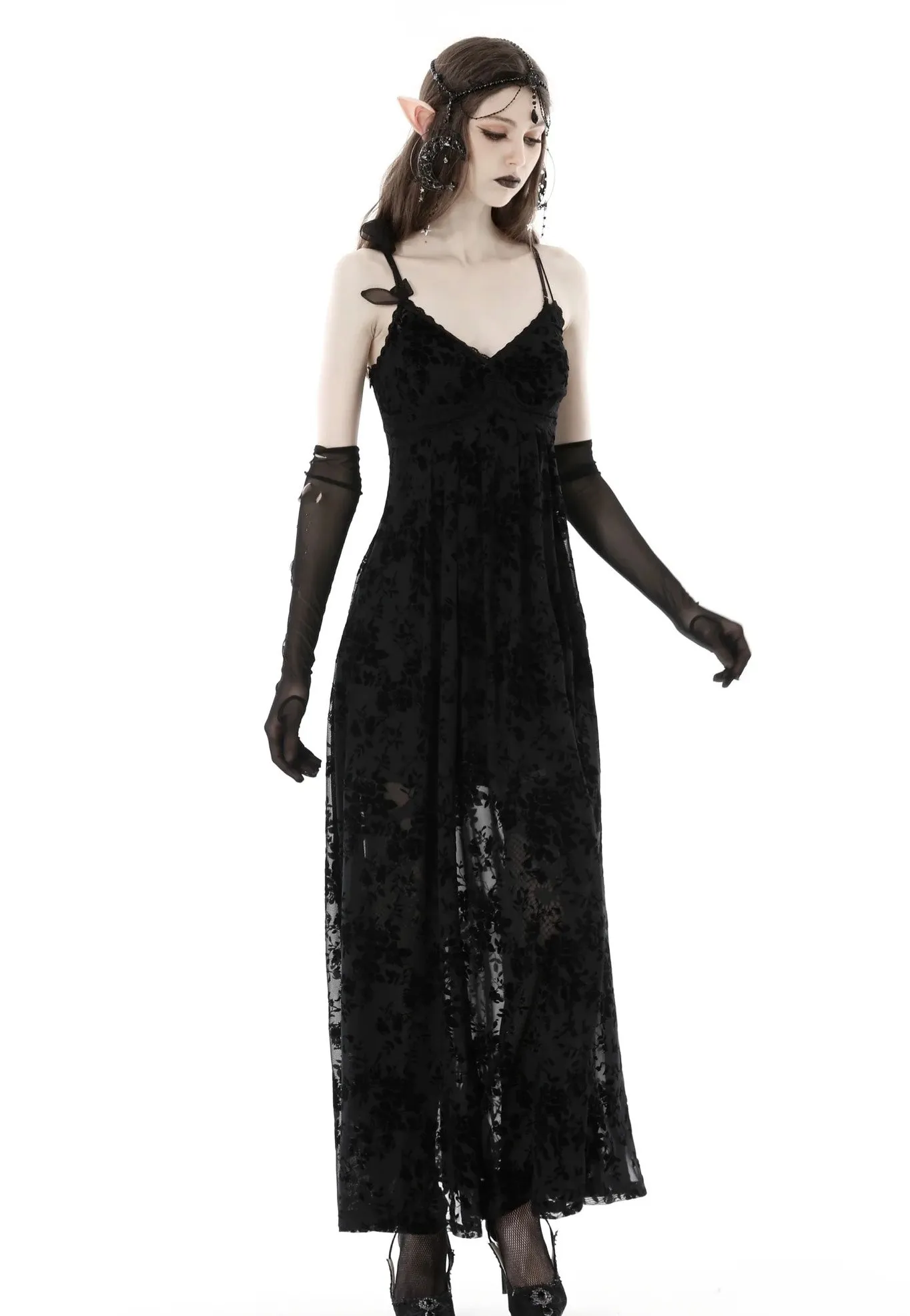 Dark In Love - Gothic Rose Flocking Maxi Strap Black - Dress