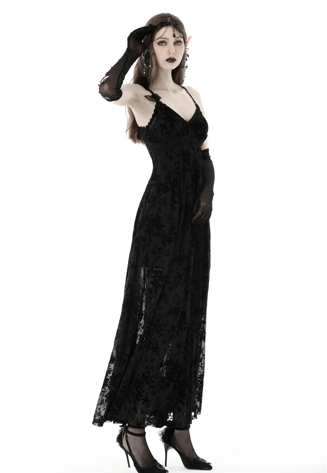 Dark In Love - Gothic Rose Flocking Maxi Strap Black - Dress