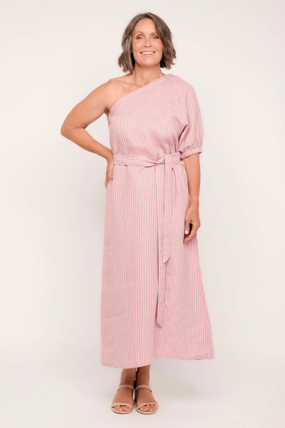 Emma Linen One Shoulder Dress in Beverly Hills Adrift