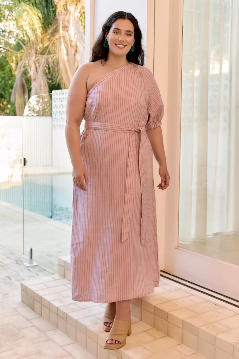 Emma Linen One Shoulder Dress in Beverly Hills Adrift