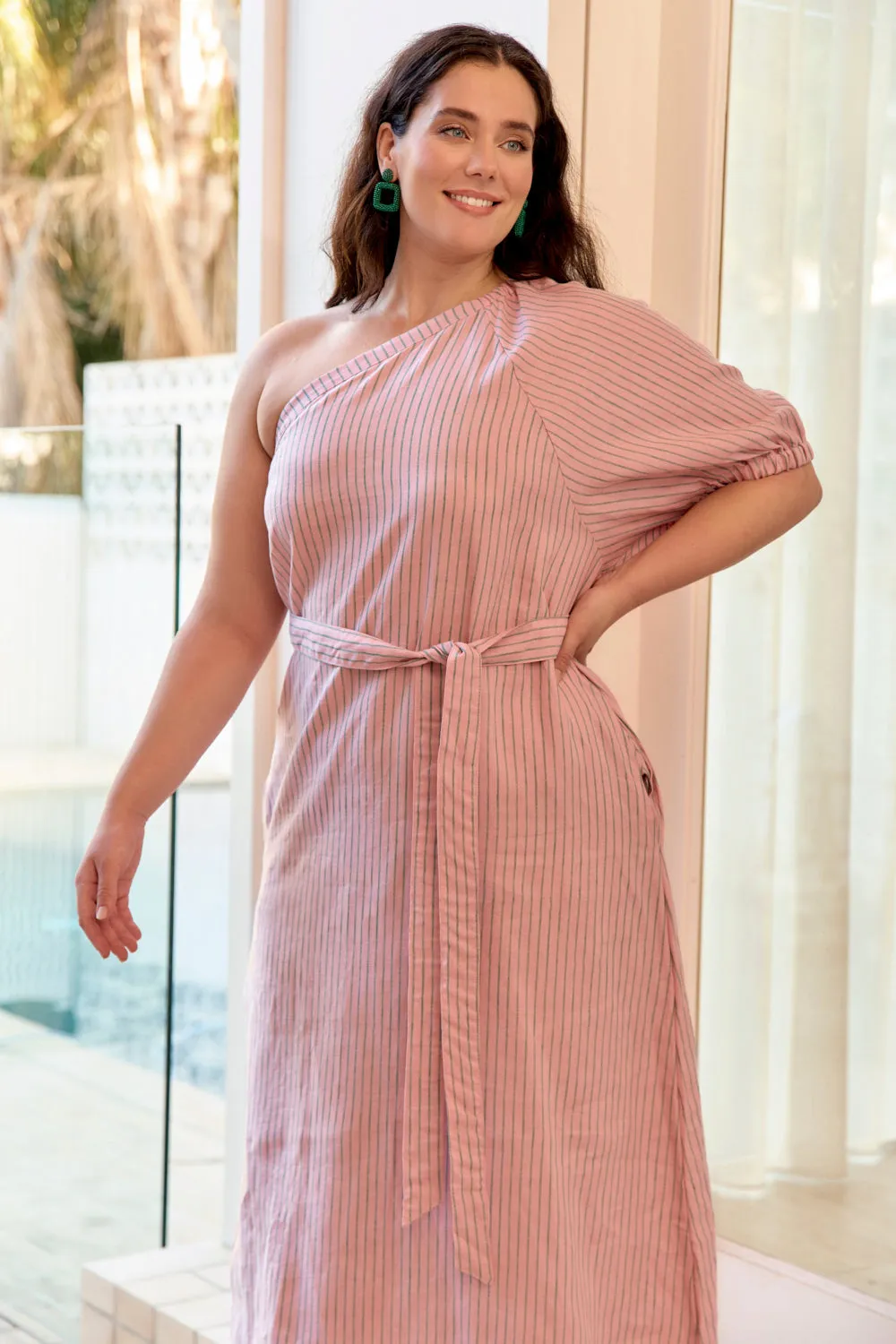 Emma Linen One Shoulder Dress in Beverly Hills Adrift