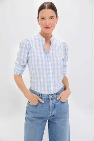Exclusive Sky Blue Gingham Puffed Shoulder Shirt