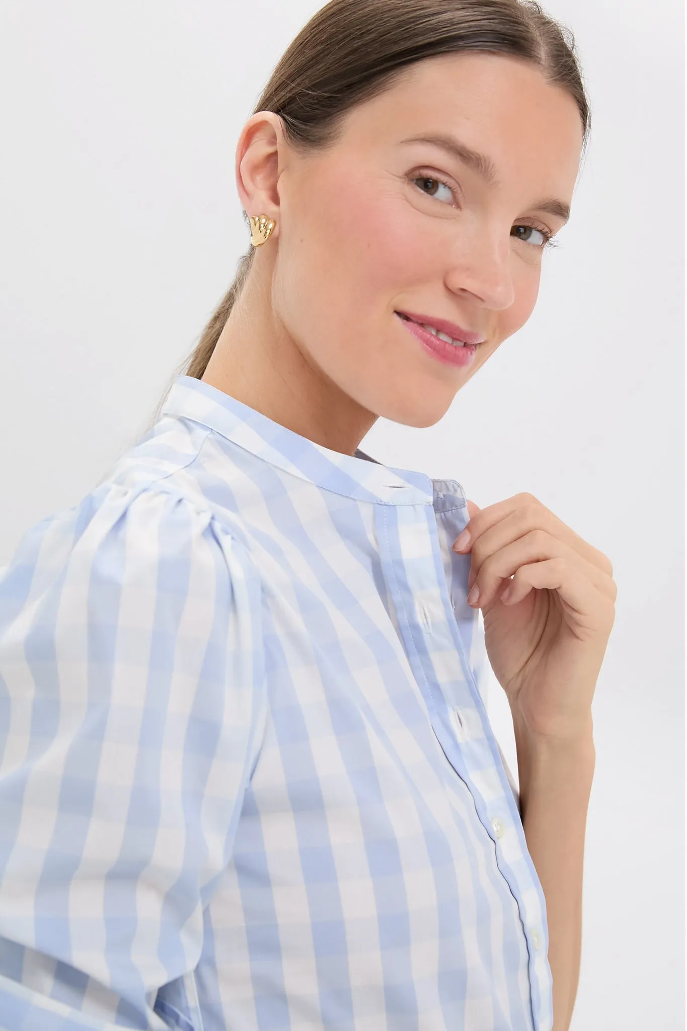 Exclusive Sky Blue Gingham Puffed Shoulder Shirt