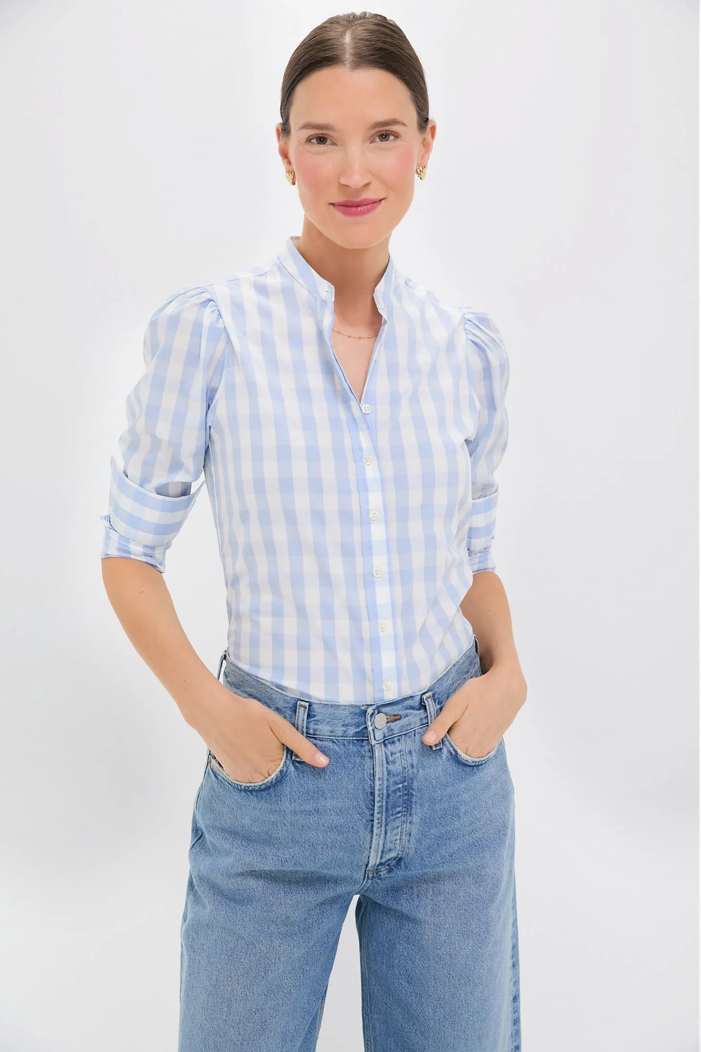 Exclusive Sky Blue Gingham Puffed Shoulder Shirt