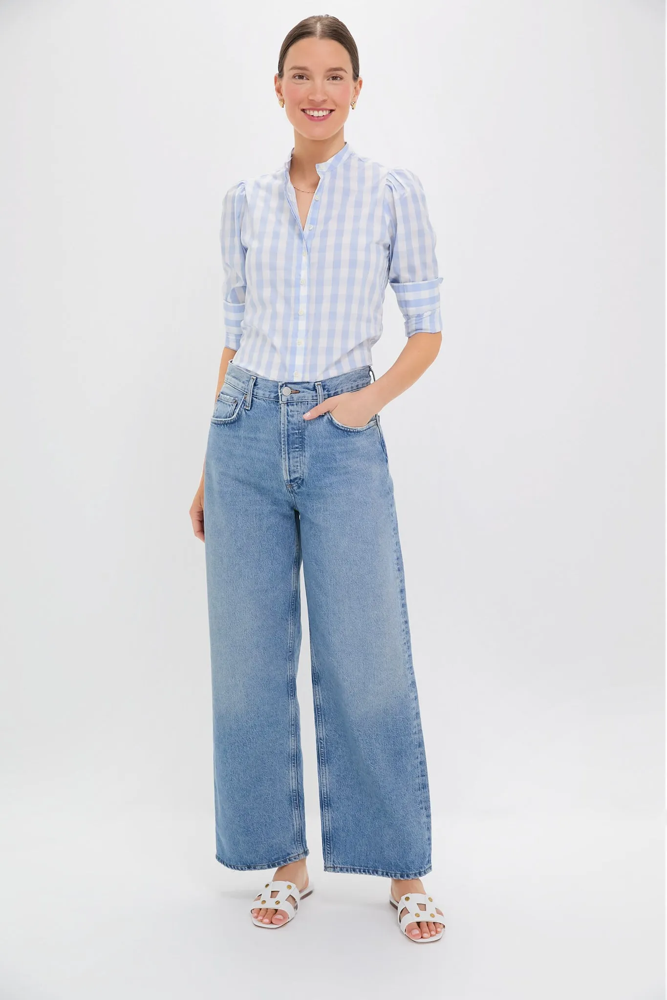 Exclusive Sky Blue Gingham Puffed Shoulder Shirt