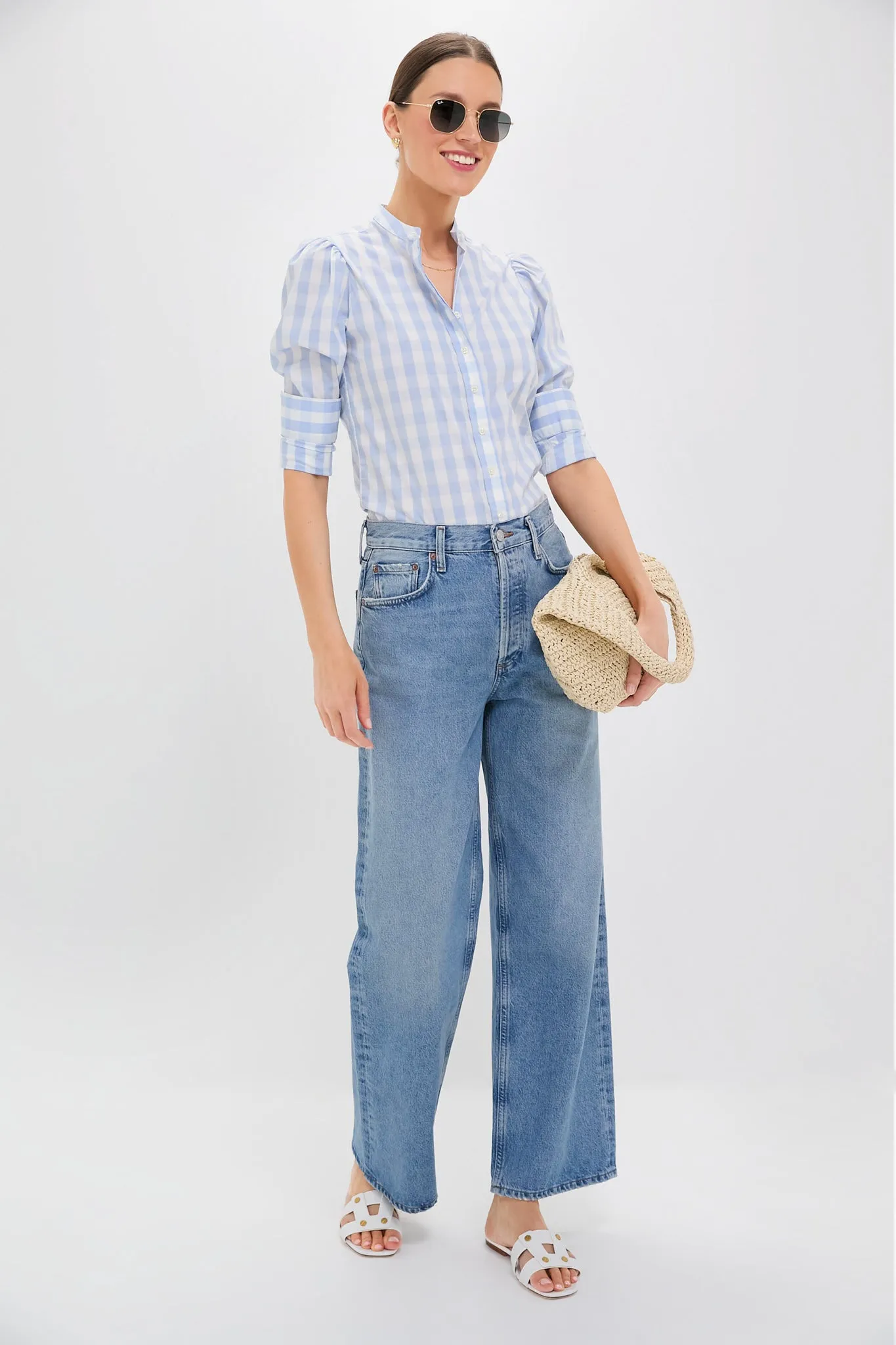 Exclusive Sky Blue Gingham Puffed Shoulder Shirt