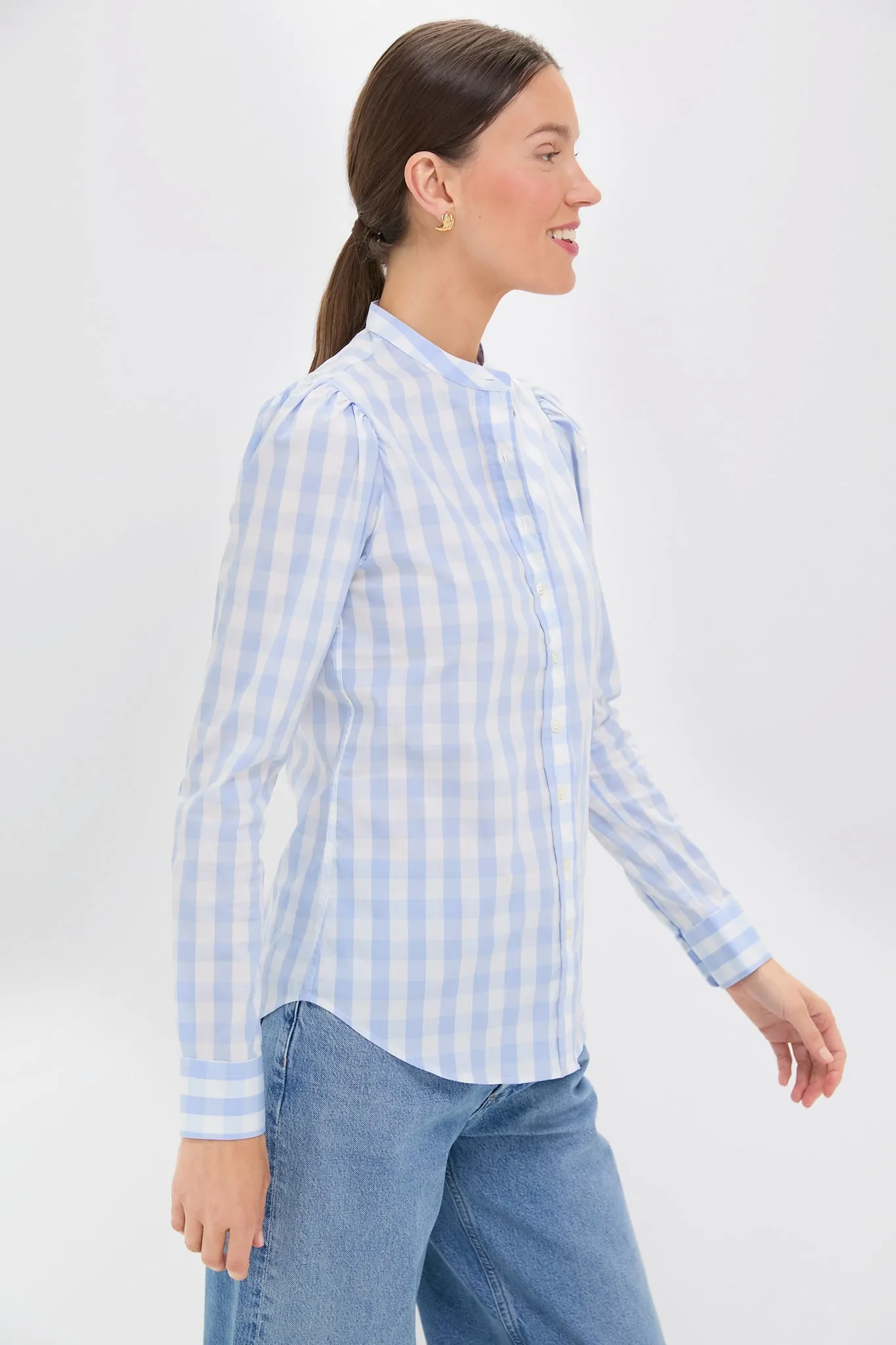 Exclusive Sky Blue Gingham Puffed Shoulder Shirt