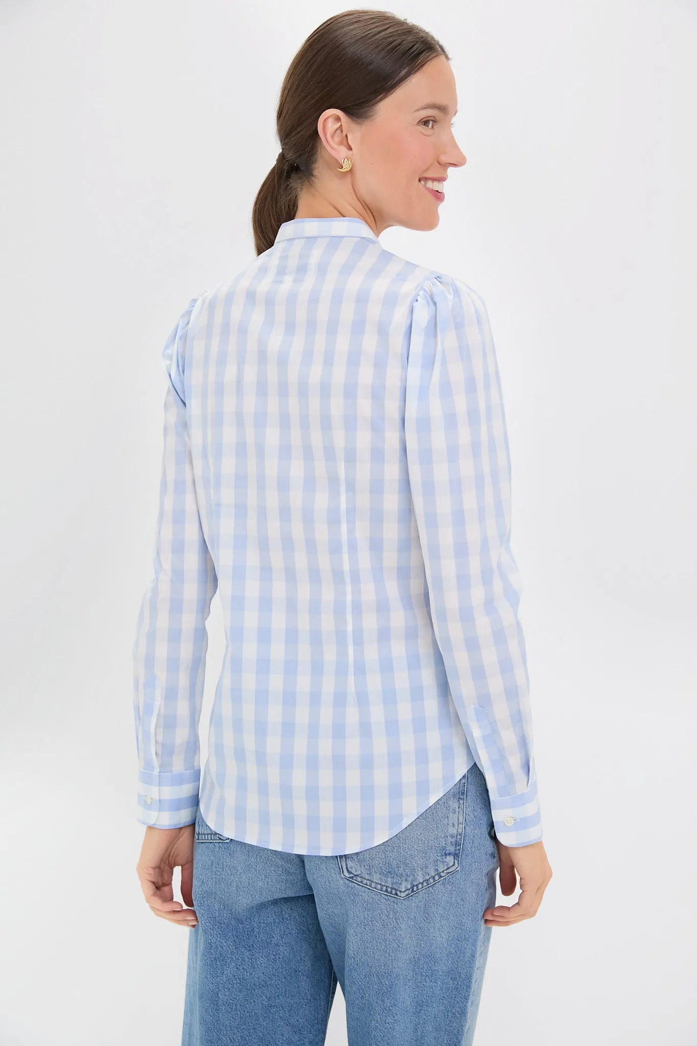 Exclusive Sky Blue Gingham Puffed Shoulder Shirt