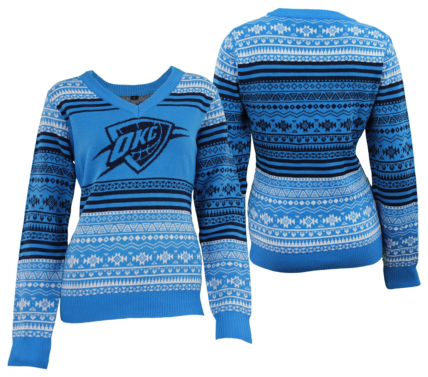 FOCO NBA Women's Oklahoma City Thunder Big Logo Aztec V-Neck Sweater