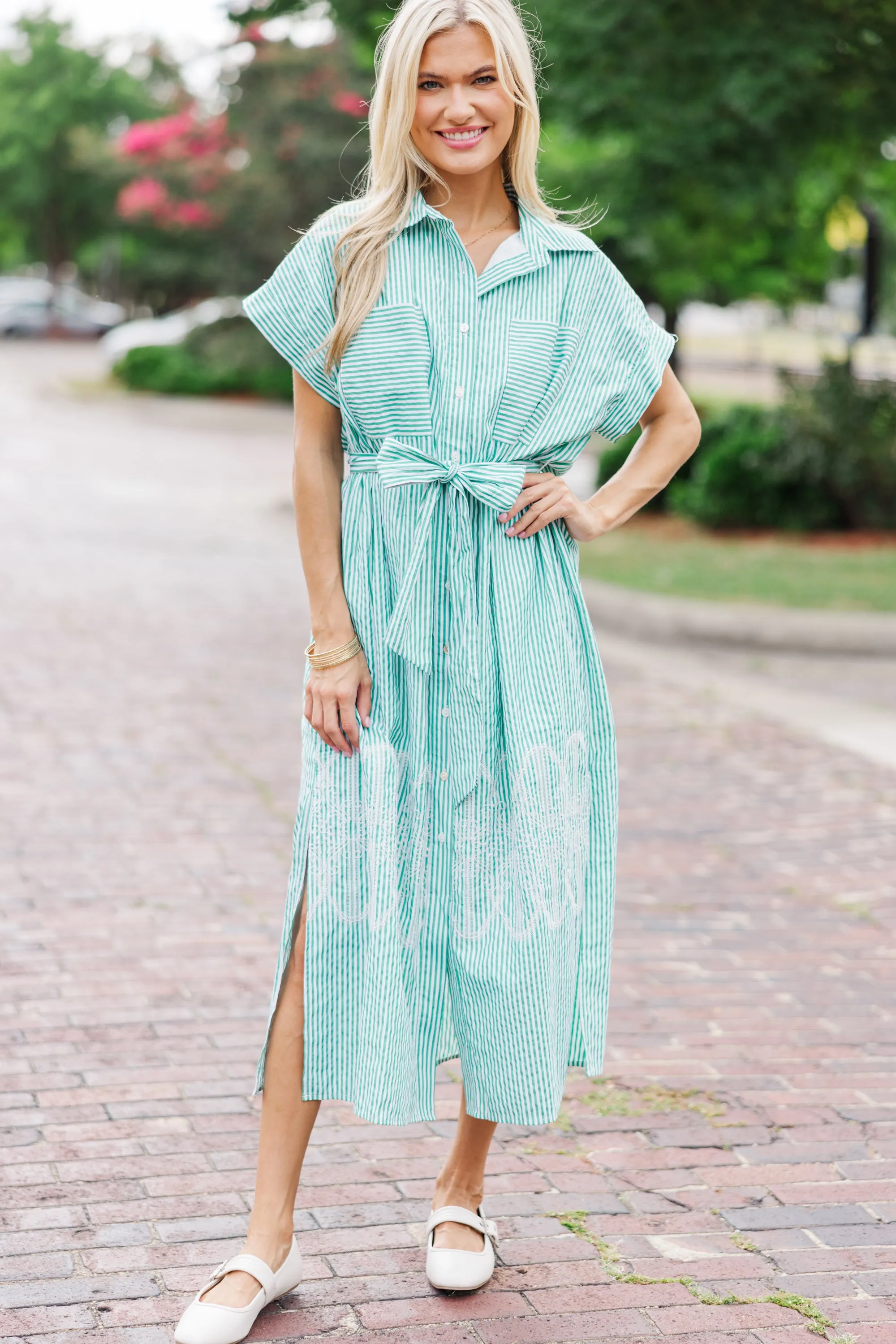 Get Your Way Green Striped Midi Dress