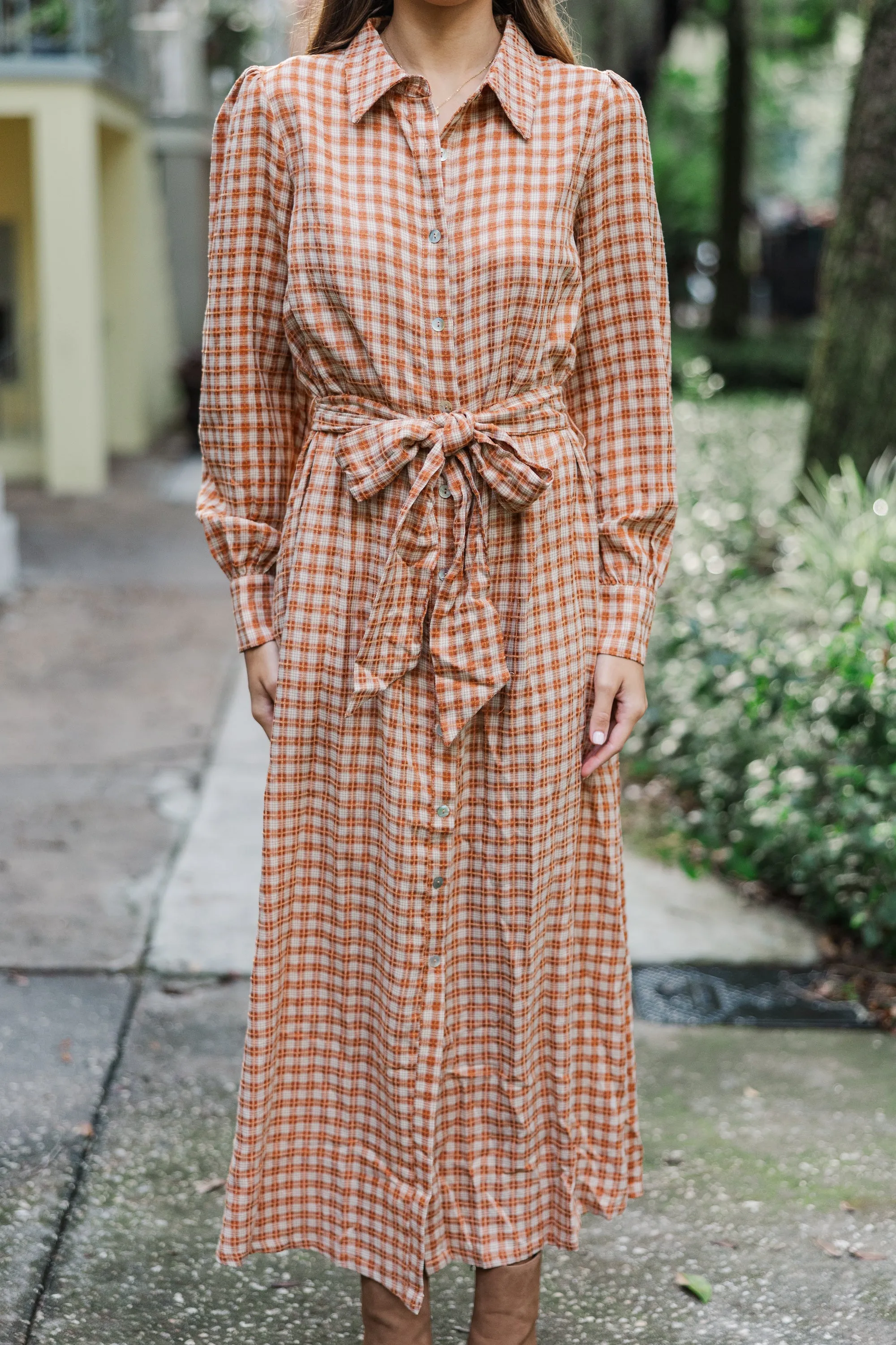 Harvest Wishes Rust Orange Gingham Midi Dress
