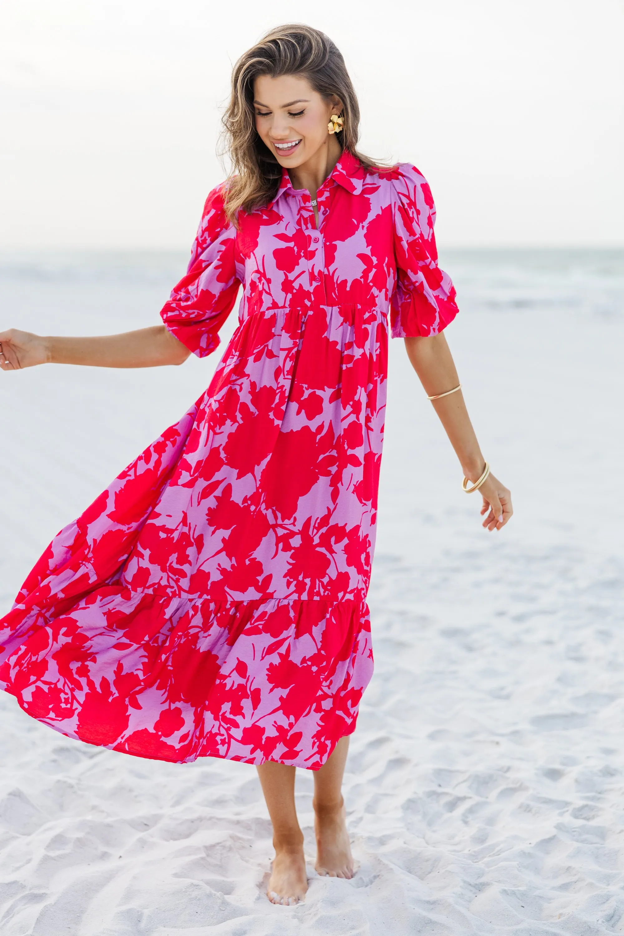 Here For A Good Time Red Floral Midi Dress