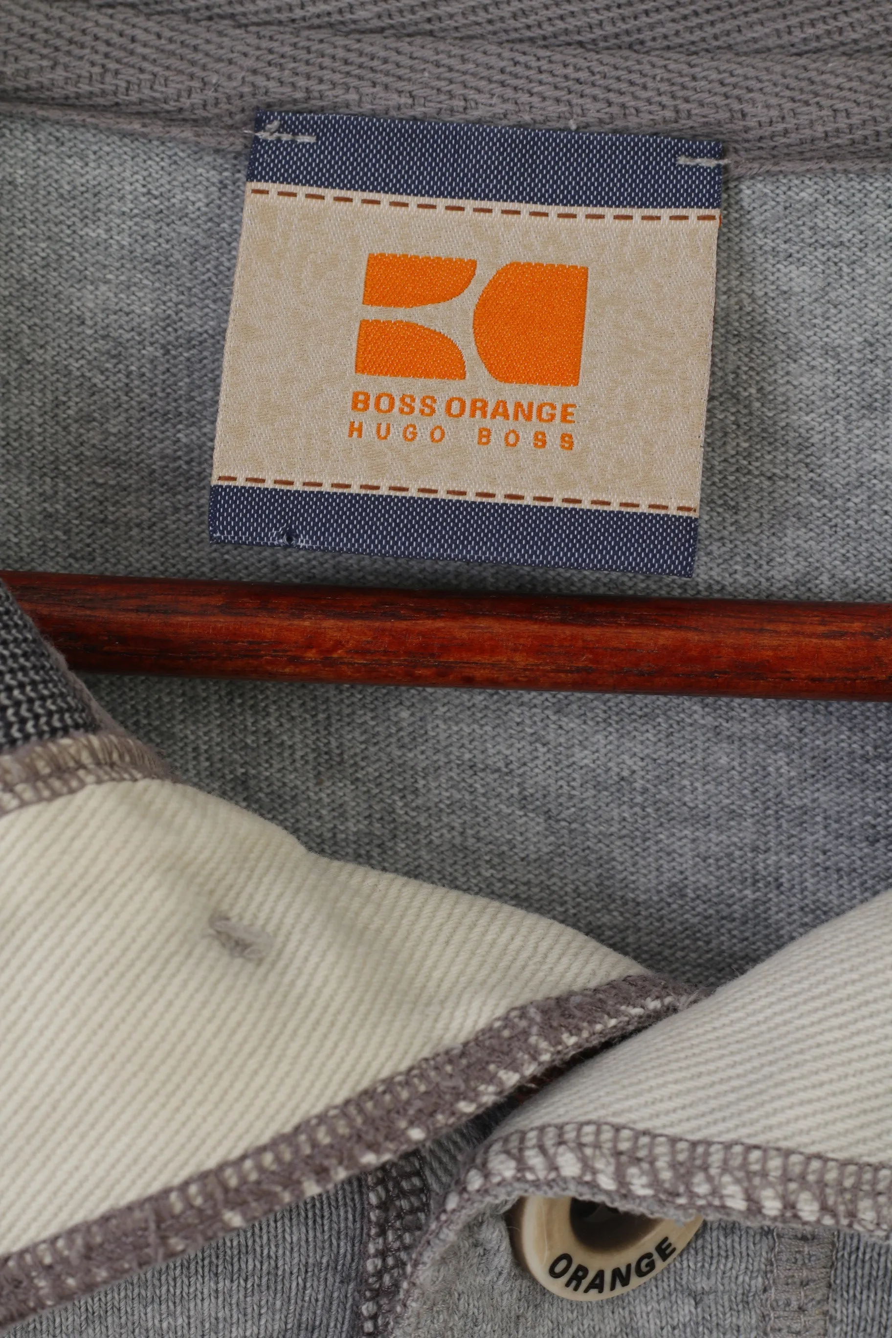 Hugo Boss Orange Men XL Polo Shirt Gray Cotton Long Sleeve Detailed Buttons Top