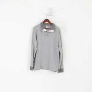 Hugo Boss Orange Men XL Polo Shirt Gray Cotton Long Sleeve Detailed Buttons Top