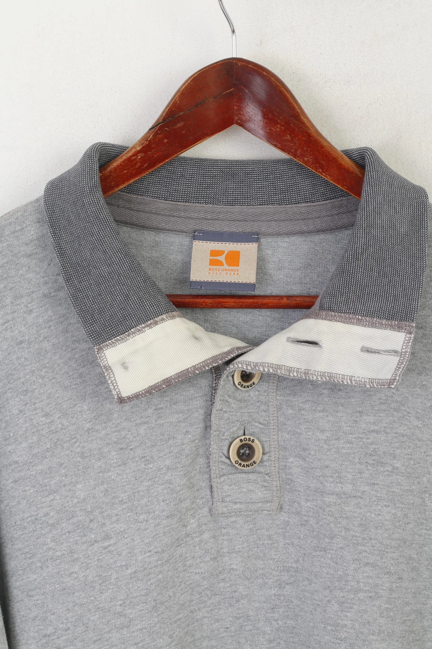 Hugo Boss Orange Men XL Polo Shirt Gray Cotton Long Sleeve Detailed Buttons Top