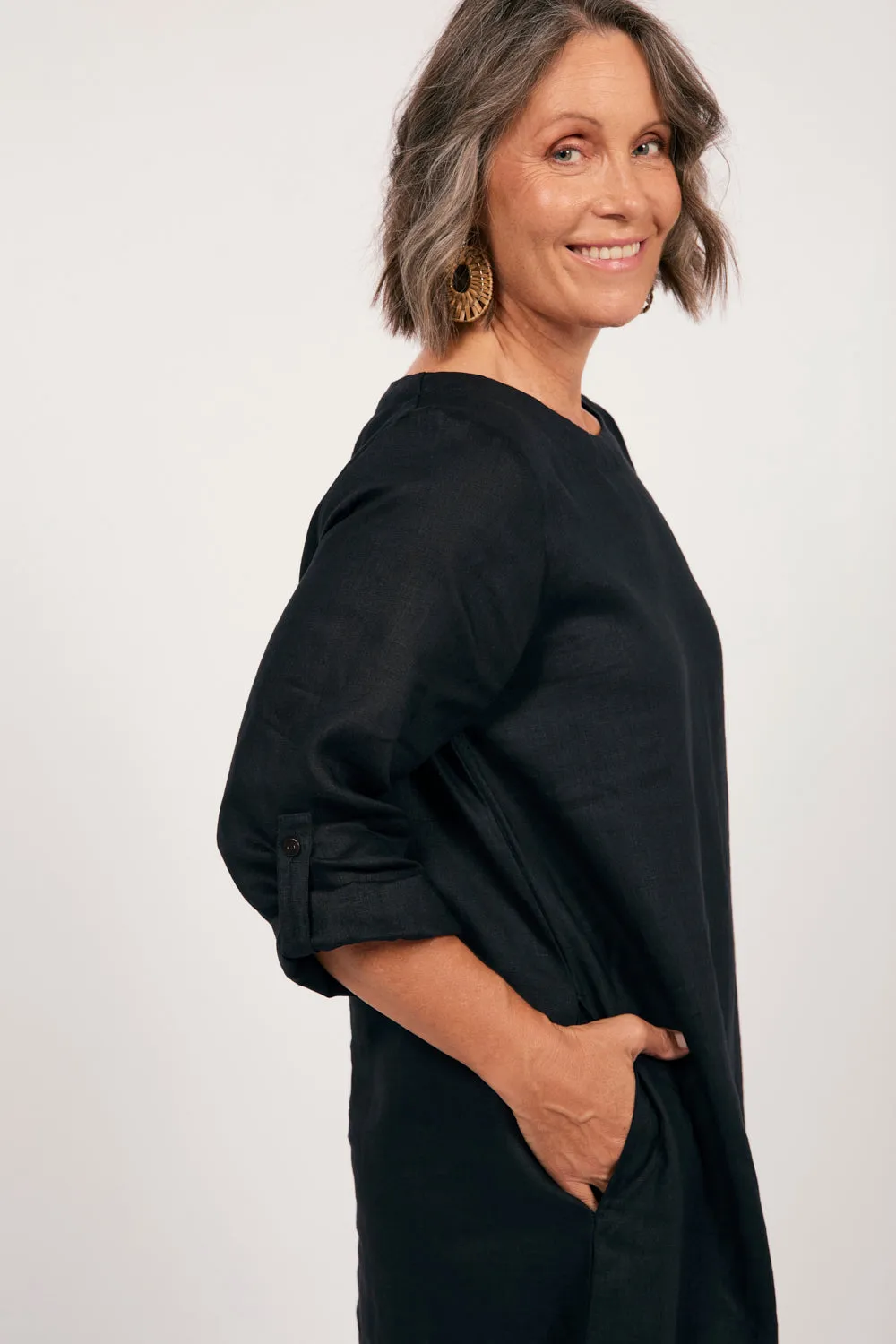 Jarla Linen Midi Dress in Black Adrift