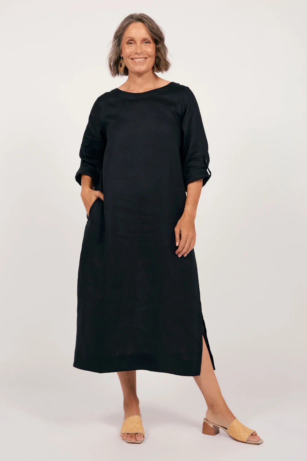 Jarla Linen Midi Dress in Black Adrift