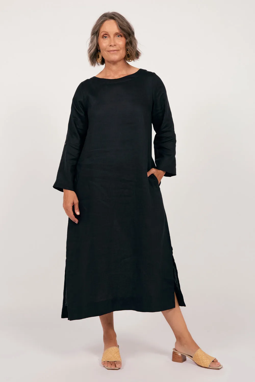 Jarla Linen Midi Dress in Black Adrift