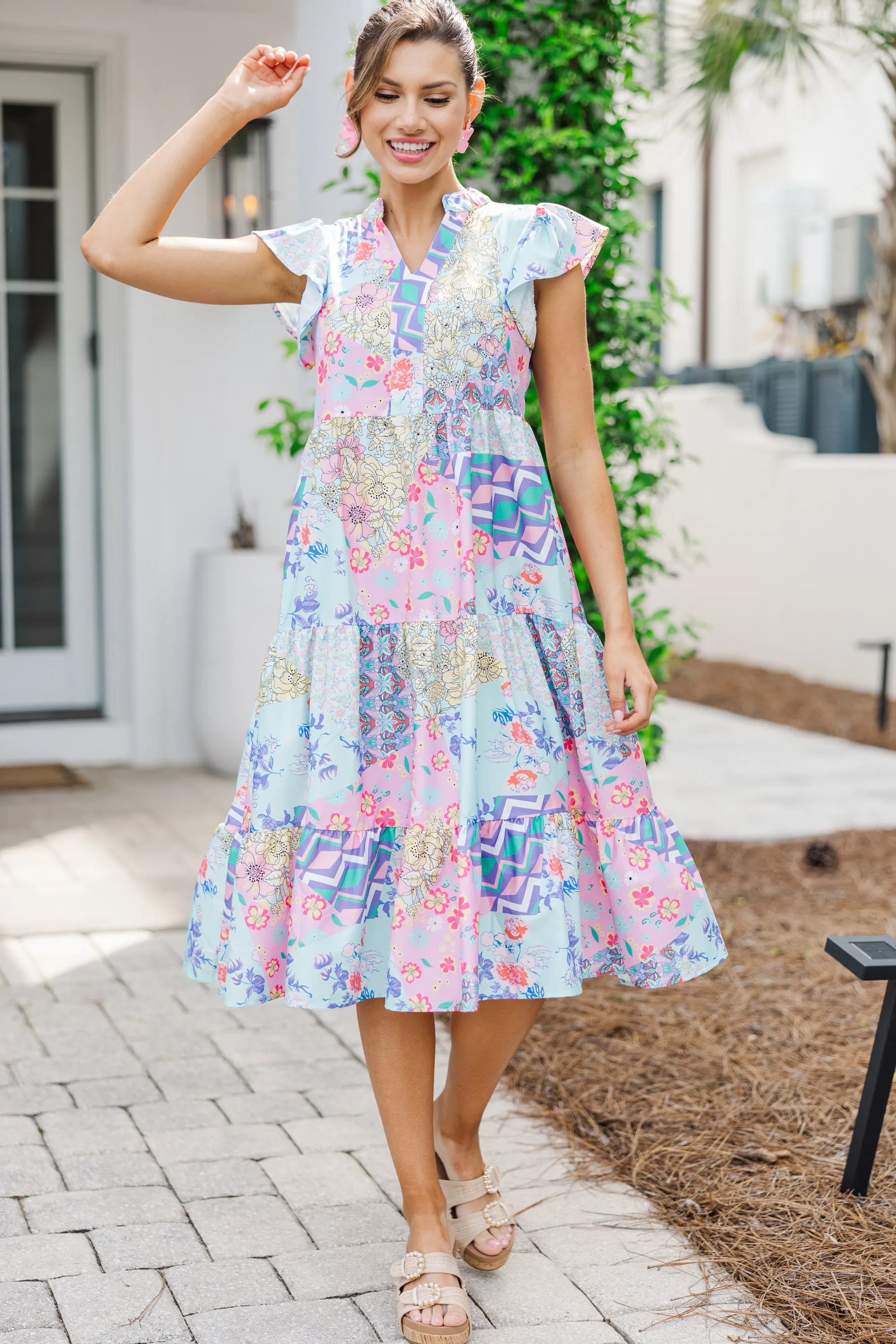 Keep It Going Blue & Pink Floral Midi Dress