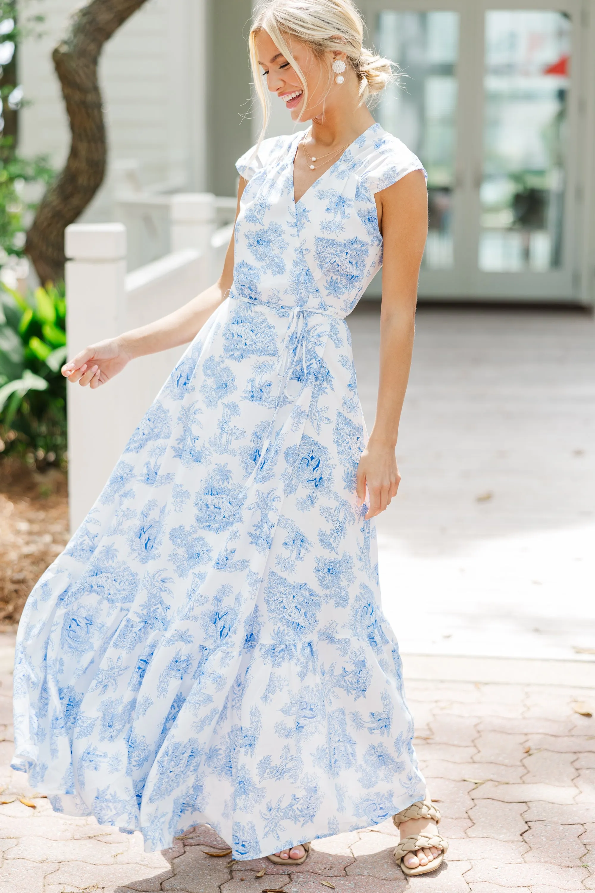 Miss You More White & Blue Toile Maxi Dress