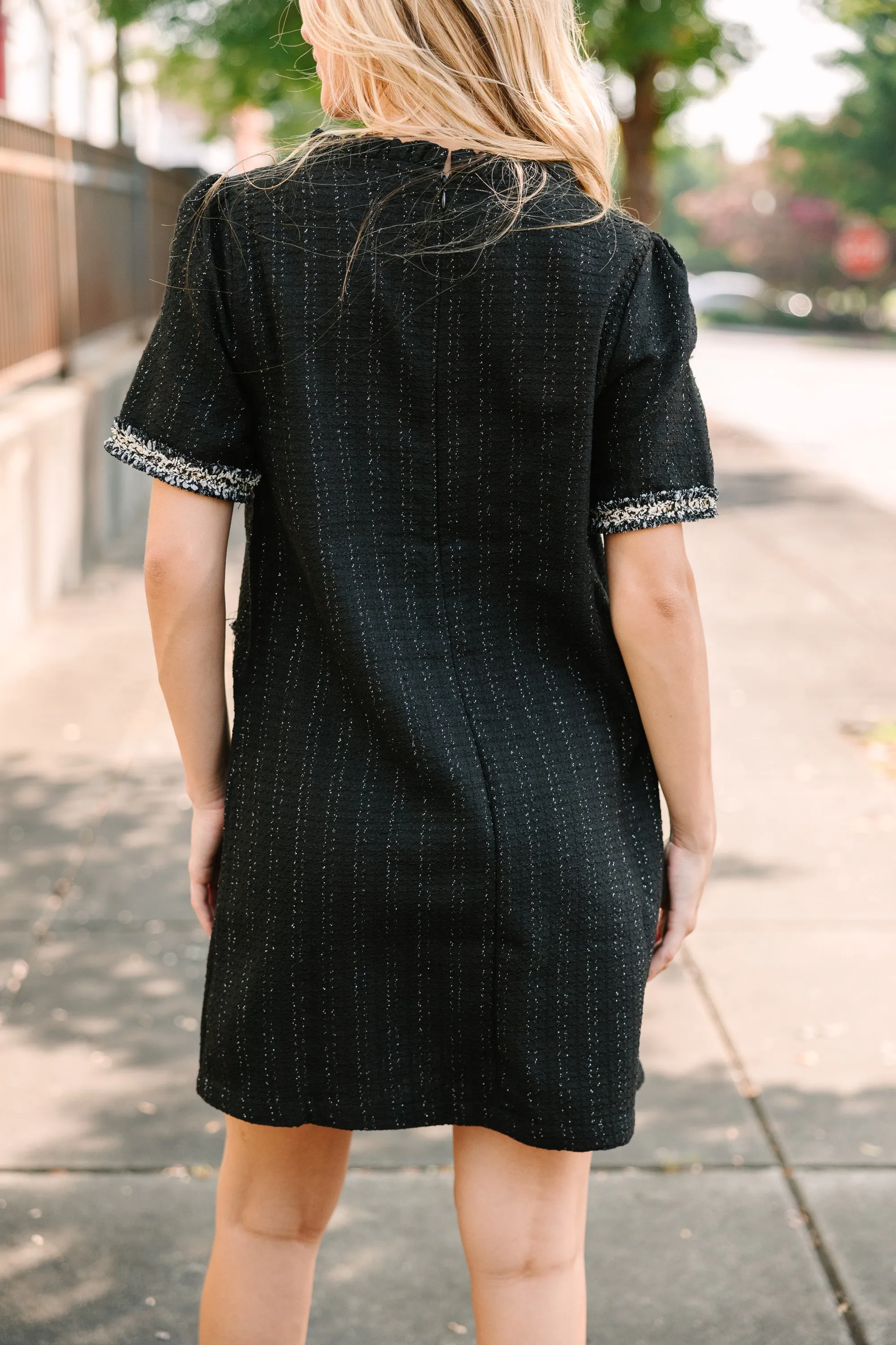 On Time Black Tweed Mini Shift Dress