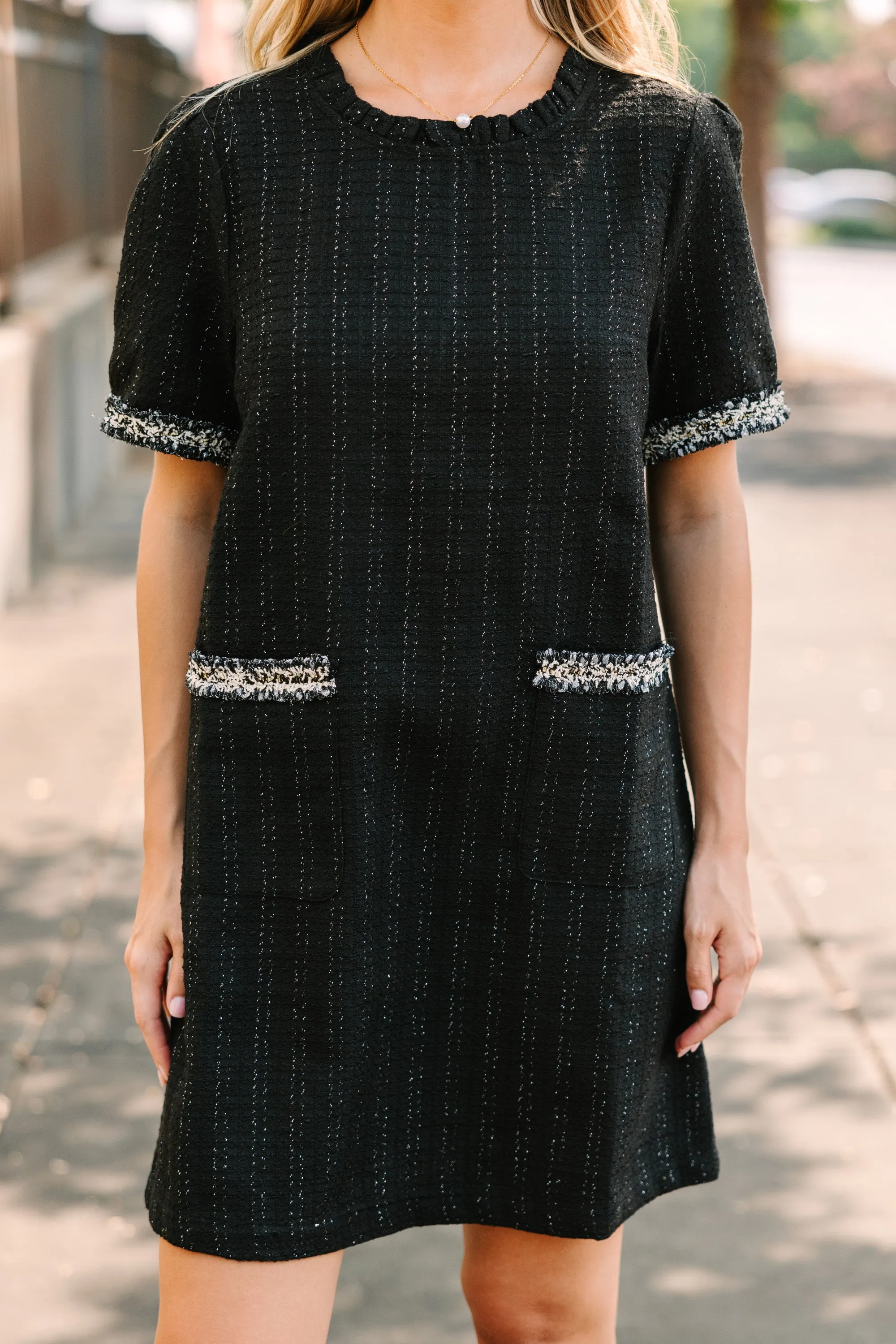 On Time Black Tweed Mini Shift Dress