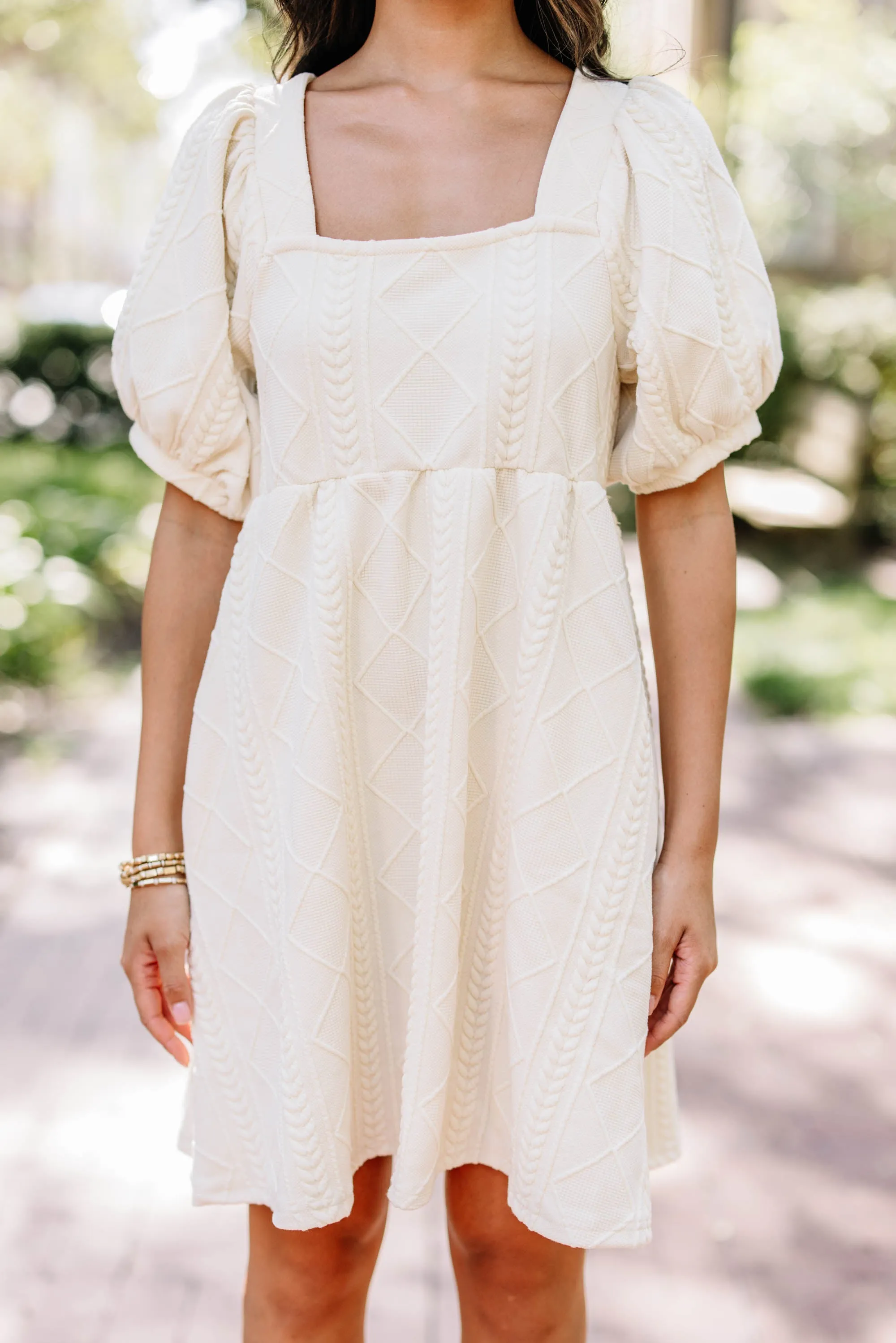 On Your Team Cream White Cable Knit Babydoll Dress