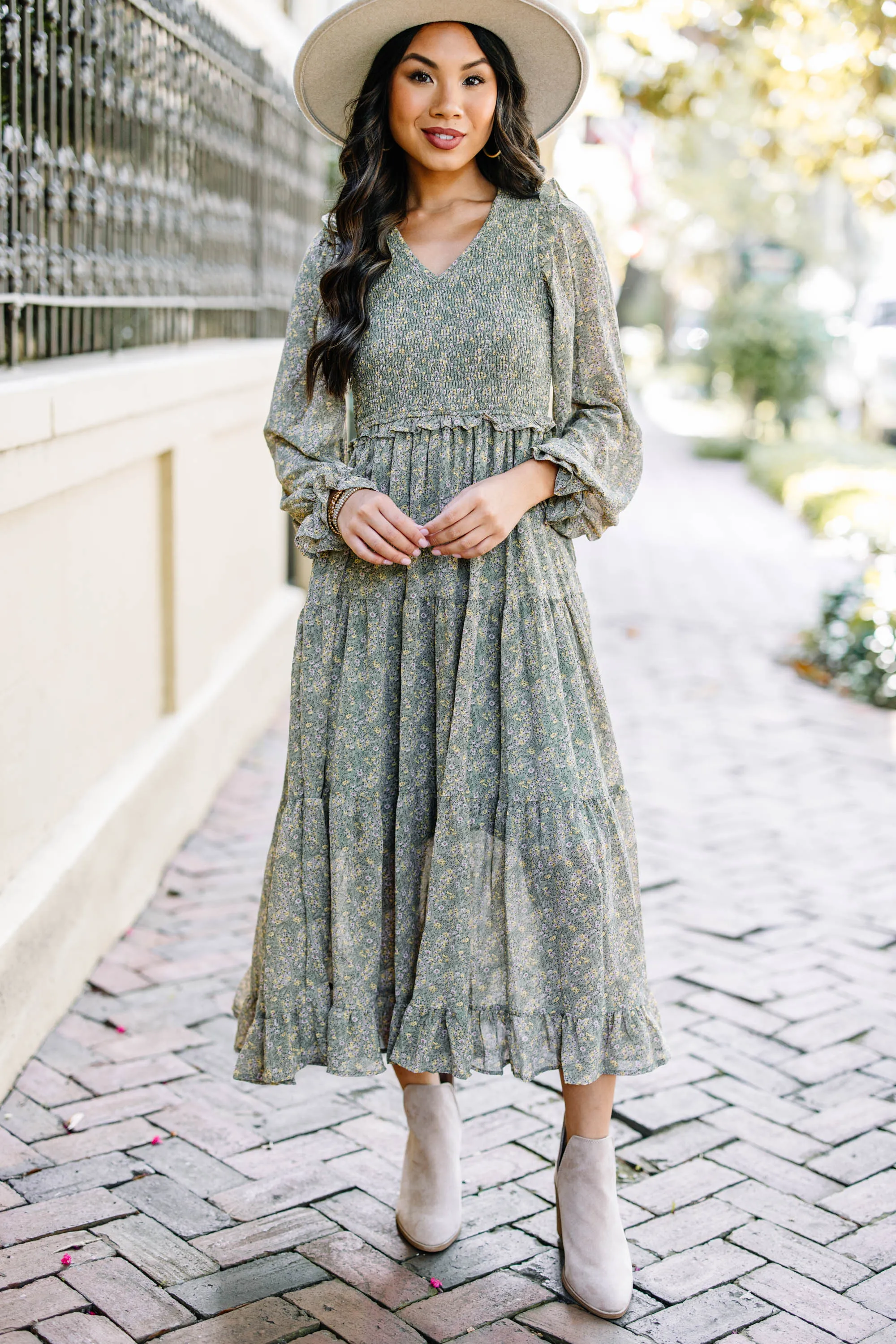 Out In The World Dark Sage Green Ditsy Floral Midi Dress