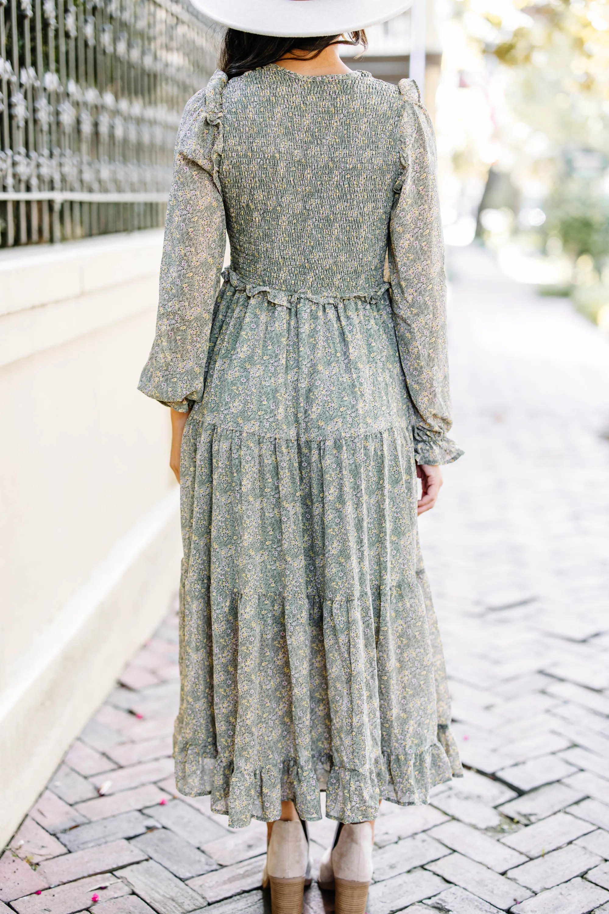 Out In The World Dark Sage Green Ditsy Floral Midi Dress