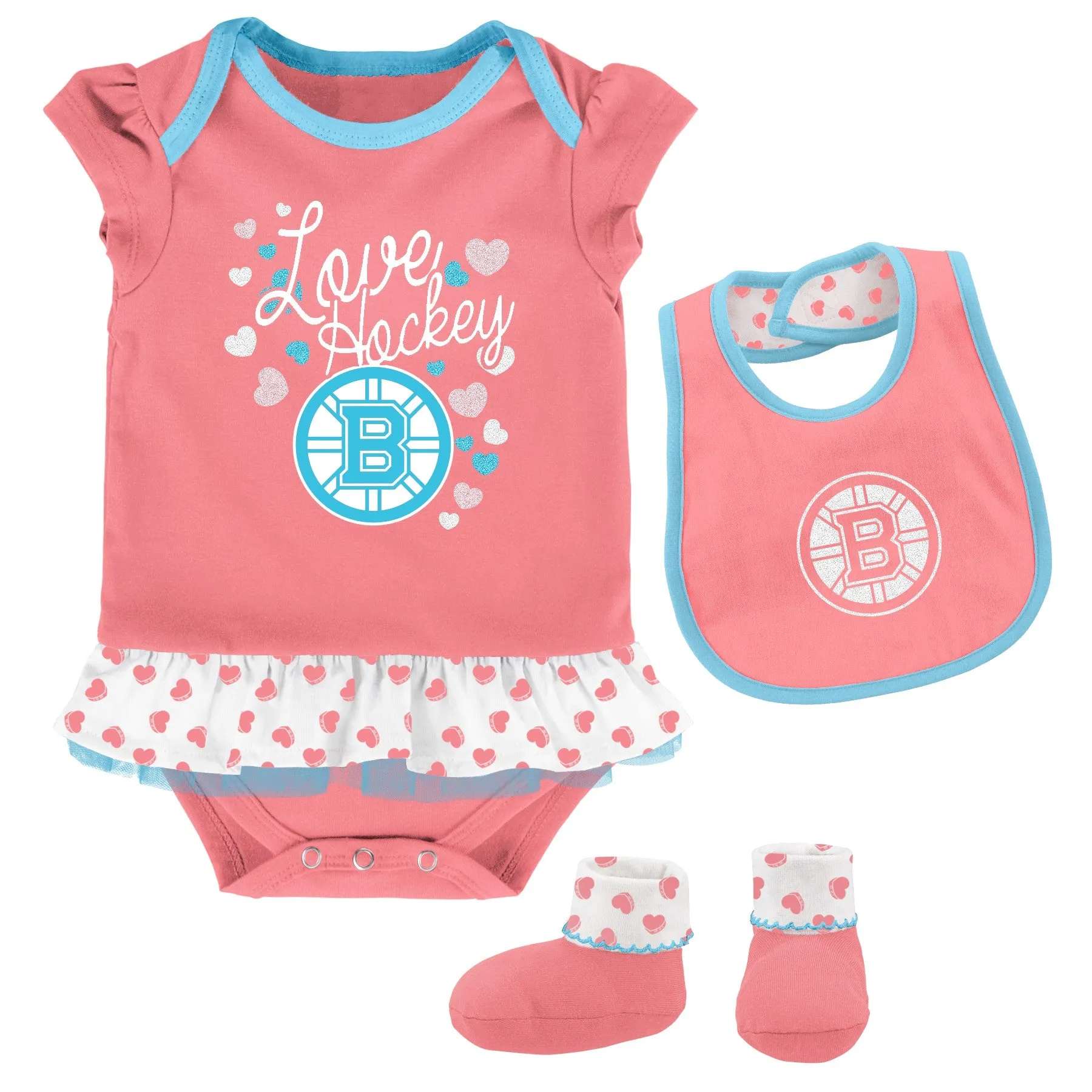 Outerstuff NHL Infant Girls Boston Bruins Pink Love Hockey Creeper Set
