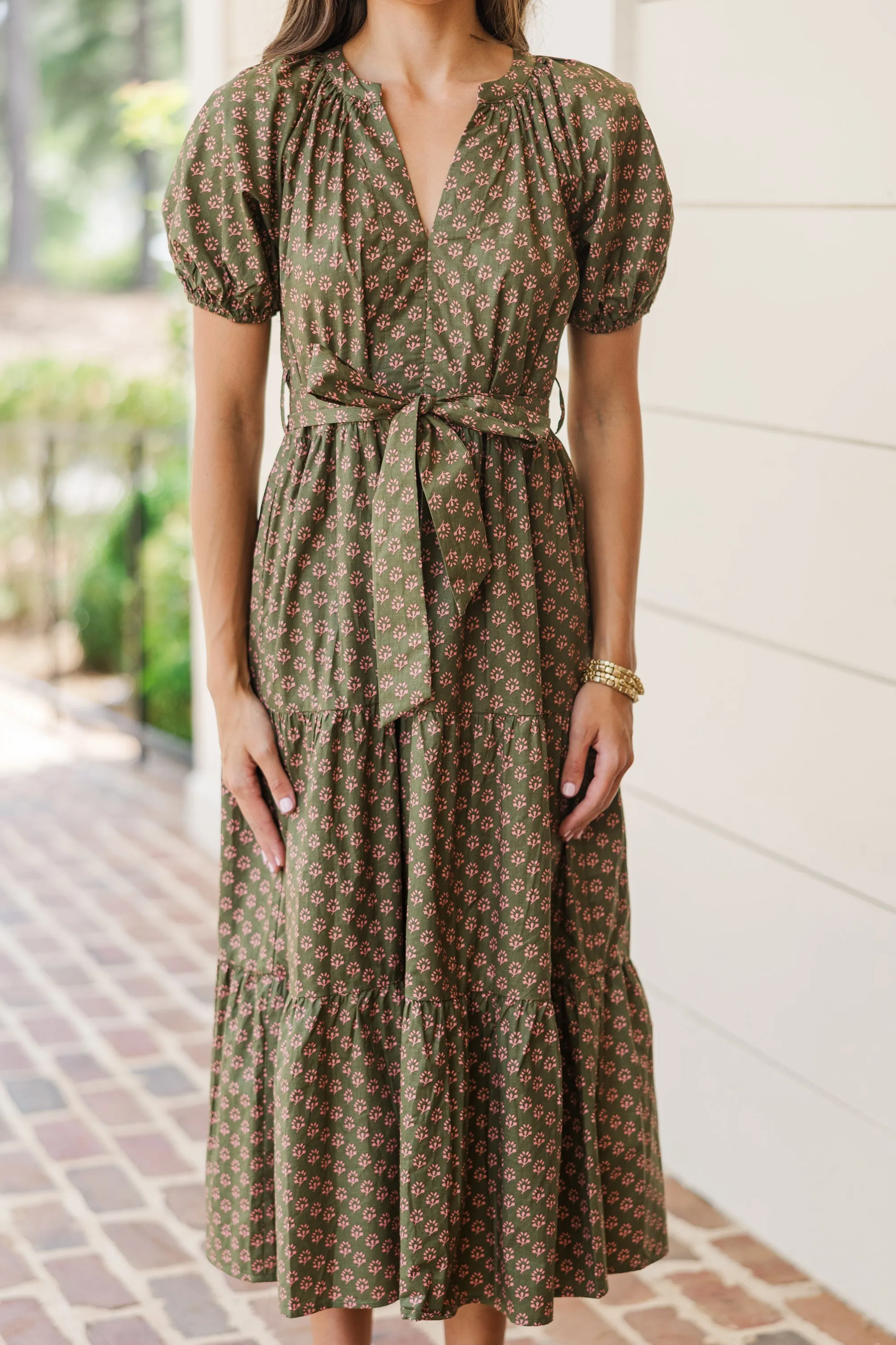 Pinch: Make Your Day Dark Olive Printed Midi Dress
